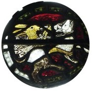 C14 stained glass of hare riding hound, Great Gonerby church, Lincolnshire