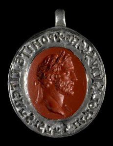 Silver seal matrix set with a red jasper Roman intaglio showing the emperor Antoninus Pius. Acquired with the assistance of Dr. John H. Rassweiler.